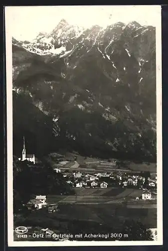 AK Oetz im Oetztal, Teilansicht mit Kirche und Acherkogl