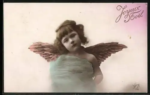 AK Kleiner Weihnachtsengel in blauem Tuch, Joyeux Noel