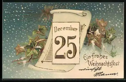 Lithographie Weihnachten, Kalender 25. December im Schnee