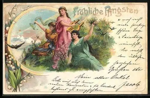 Lithographie Hübsche Frauen wünschen fröhliche Pfingsten