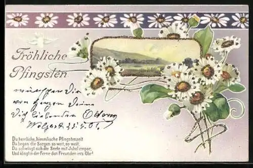 AK Blumen mit Idyllischer Landschaft, Fröhliche Pfingsten