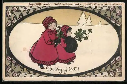 AK Zwei Kinder in Winterkleidung im Schnee, Boldog uj evet!