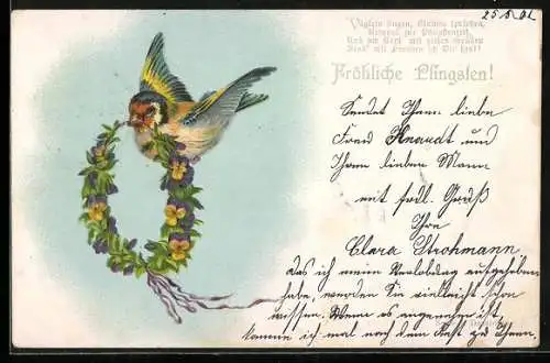 AK Vogel mit Blumenkranz, Pfingsten