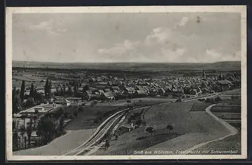AK Wöllstein / Rheinhessen, Totalansicht mit Schwimmbad