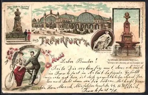 Lithographie Frankfurt a. M., Hauptbahnhof, Kaiser Wilhem Denkmal auf dem Posthof, Stoltze Denkmal