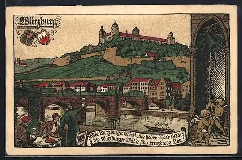 Steindruck-AK Würzburg, Teilansicht, Würzbürger Glöckle und Englein