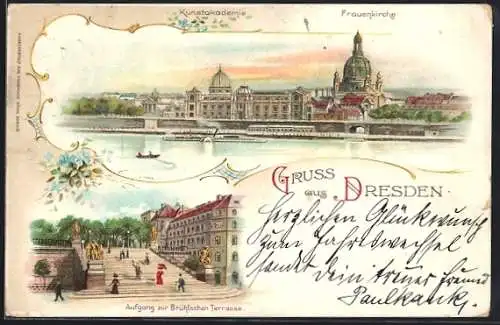 Lithographie Dresden, Frauenkirche, Aufgang zur Brühl'schen Terrasse
