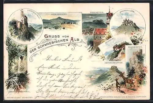 Lithographie Honau / Schwäb. Alb, Rosenstein, Burg Hohenzollern, Uracher Wasserfall