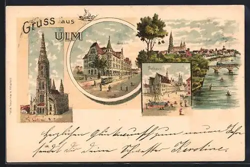 Lithographie Ulm / Donau, Saalbau, Rathaus, Münster