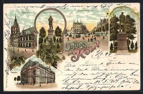 Lithographie Köln, Theater, Rathaus, Hohenzollernring