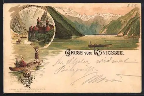 Lithographie Königssee / Berchtesgaden, St. Bartholomä und Seeblick mit Ruderboot