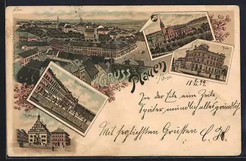 Lithographie Plauen / Vogtland, Neustadt Platz, Rathaus, Schützenhaus
