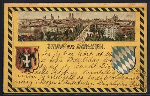 Lithographie München, Ortsansicht mit Panorama und Wappen