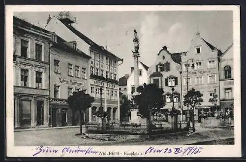AK Weilheim / Oberbayern, Hauptplatz, Denkmal, Geschäfte Schreinerei Anton Geisenhofer, Wilhelm Fleischmann Schuhwaren