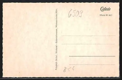 AK Monzernheim /Rhh., Gemeindehaus, Bäckerei Babel, Siedlung, Winzerhalle, Schule u. Sickinger Strasse, Wappen u. Trauben