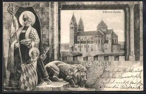 AK München, Loristrasse, St. Benno-Kirche, Heiliger nebst Münchner Kindl und Löwe