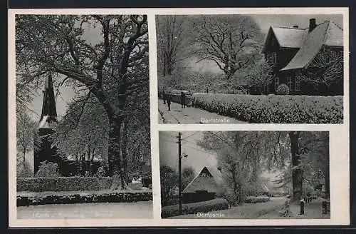 AK Hohn / Schleswig, Dorfstrasse, Dorfpartie, Kirche im Winter