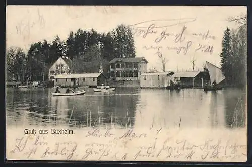 AK Buxheim / Iller, Bootshäuser am Ufer, Ruderboote