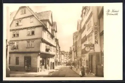AK Kassel, Uhrenhandlung und Lederwaren auf dem Pferdemarkt