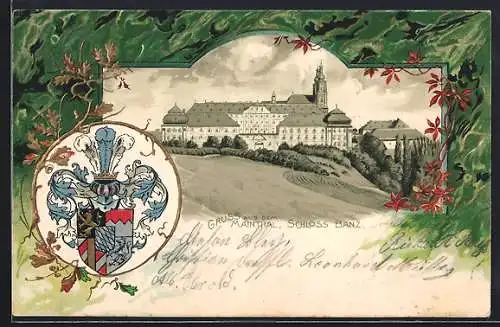 Passepartout-Lithographie Staffelstein / Lichtenfels, Blick zum Schloss Banz, Wappen