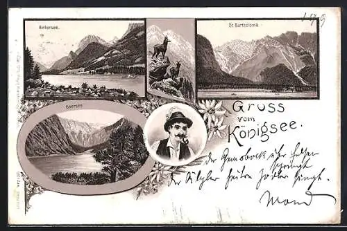 Lithographie Königsee / St. Bartholomä, Hintersee, Obersee, St. Bartholomä