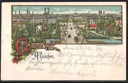 Lithographie München, Stadtpanorama mit Strassenbrücke aus der Vogelschau, Siegel Münchener Kindl