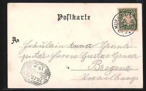 Lithographie München, Stadtpanorama mit Strassenbrücke aus der Vogelschau, Siegel Münchener Kindl