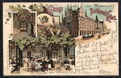 Lithographie München, Restaurant Rathauskeller, Innenansicht