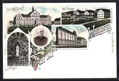Lithographie Wörishofen, Lourdesgrotte, Pfarrer Kneipp, Kneippsches Kinderasyl, Bad Kreutzer