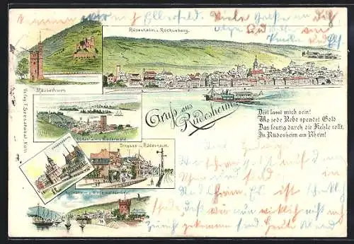 Lithographie Rüdesheim / Rhein, Mäuseturm, Strassenpartie, Panorama mit Niederwalddenkmal, Ortsansicht mit Rochusberg