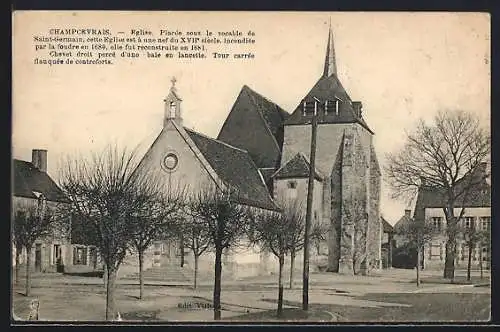 AK Champcevrais, Église Saint-Germain du XVIIe siècle et tour carrée avec contreforts