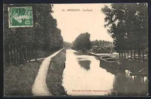 AK Appoigny, Le Canal avec chemin bordé d`arbres et péniche