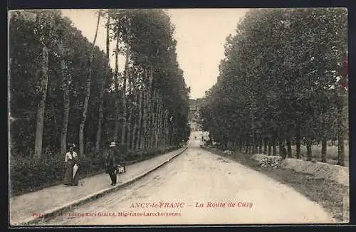 AK Ancy-le-Franc, La Route de Cussy avec deux passants et des arbres alignés