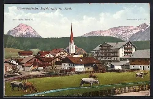 AK Seefeld /Tirol, Ortsansicht mit Hohe Munde und Wetterstein