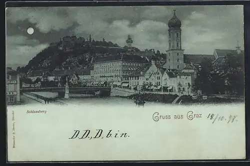 Mondschein-AK Graz, Ortspanorama mit Brücke und Schlossberg