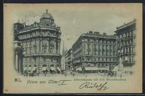 Mondschein-AK Wien, Albrechtsplatz mit dem Mozartdenkmal