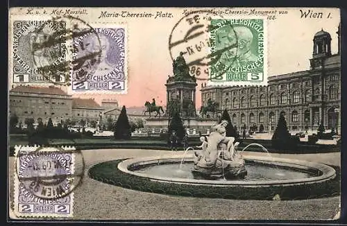 AK Wien, Maria-Theresien-Platz mit Hof-Marstall und Monument, Springbrunnen