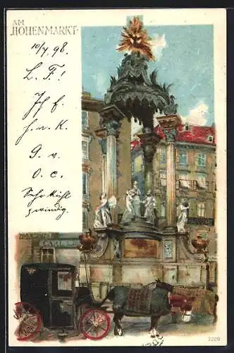 Lithographie Wien, Hoher Markt mit Denkmal