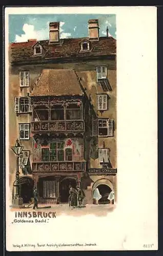 Lithographie Innsbruck, goldenes Dachl mit Leuten auf der Strasse