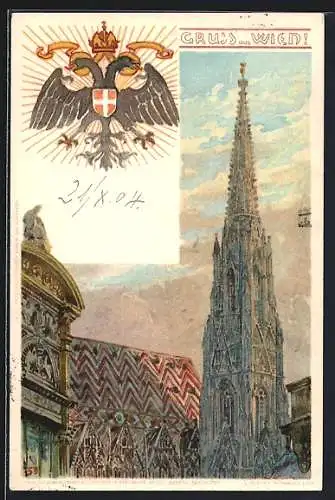 Lithographie Wien I, Stephansplatz, Stephansdom, doppelköpfiger Adler