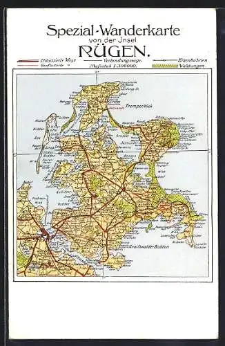 Künstler-AK Bergen a. Rügen, Landkarte der Insel Rügen mit Wanderwegen