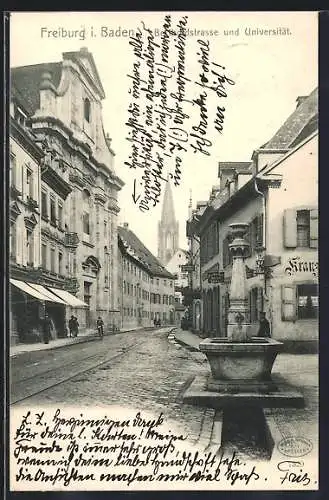 AK Freiburg / Breisgau, Bertholdstrasse und Universität mit Brunnen
