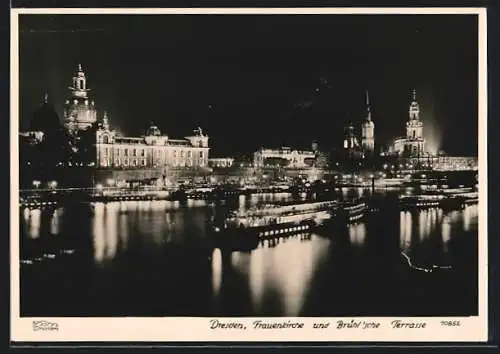 Foto-AK Walter Hahn, Dresden, Nr. 10852: Dresden, Frauenkirche & Brühlsche Terrasse bei Nacht