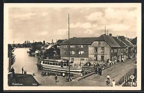 AK Malchow / Mecklenburg, Ortsansicht mit Brücke und Dampfer