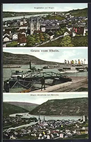AK Bingen / Rhein, Bingerbrück und Bingen, Partie am Rhein, Dampfer, Bingen, Mäuseturm und Ehrenfels