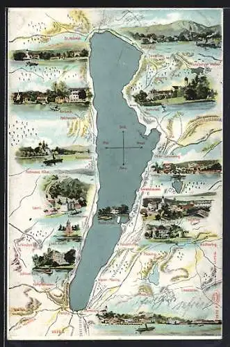 AK Bernried / Starnberger See, Gesamtansicht, Landkarte Starnbergersee mit Rosen-Insel