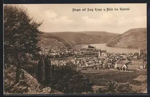 AK Bingen / Rhein, Ortschaft mit Burg Klopp u. Blick ins Rheintal