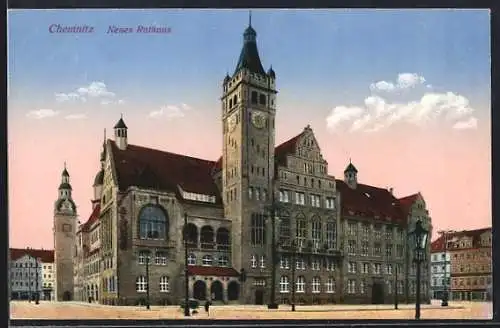 AK Chemnitz, neues Rathaus mit Strasse