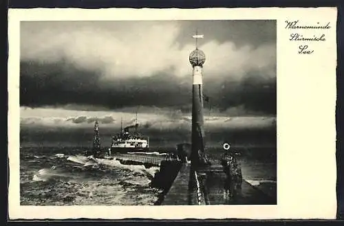 AK Warnemünde, Dampfschiff bei stürmischer See