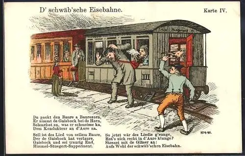 AK D` schwäbs`che Eise`bahne, Schaffner wird mit einem Gaisbockkopf beworfen